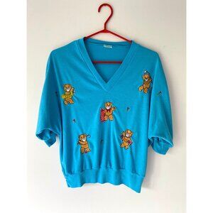 80s vintage blue novelty teddy bear golf animal graphic slouchy pullover shirt